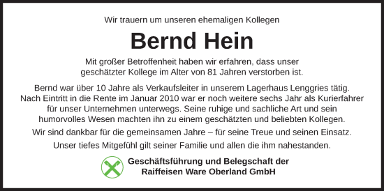 Traueranzeige von Bernd Hein von merkurtz