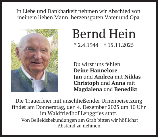 Traueranzeige von Bernd Hein von merkurtz
