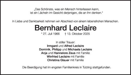 Traueranzeige von Bernhard Leclaire von merkurtz