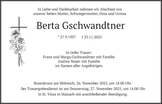 Traueranzeige von Berta Gschwandtner von merkurtz