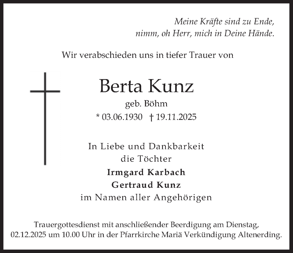  Traueranzeige für Berta Kunz vom 29.11.2025 aus merkurtz