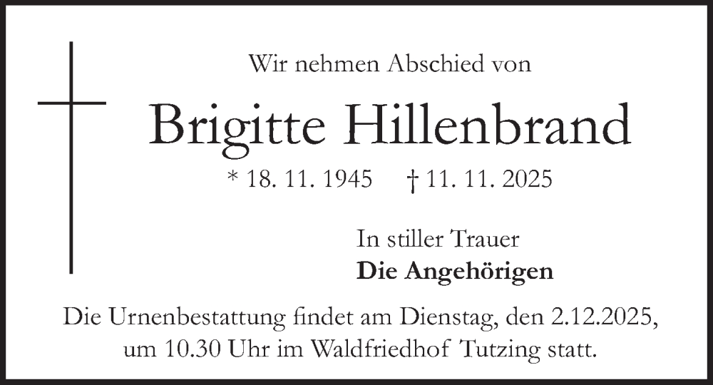  Traueranzeige für Brigitte Hillenbrand vom 22.11.2025 aus merkurtz