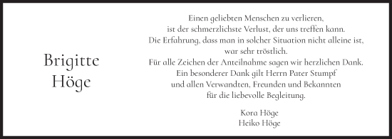 Traueranzeige von Brigitte Höge von merkurtz