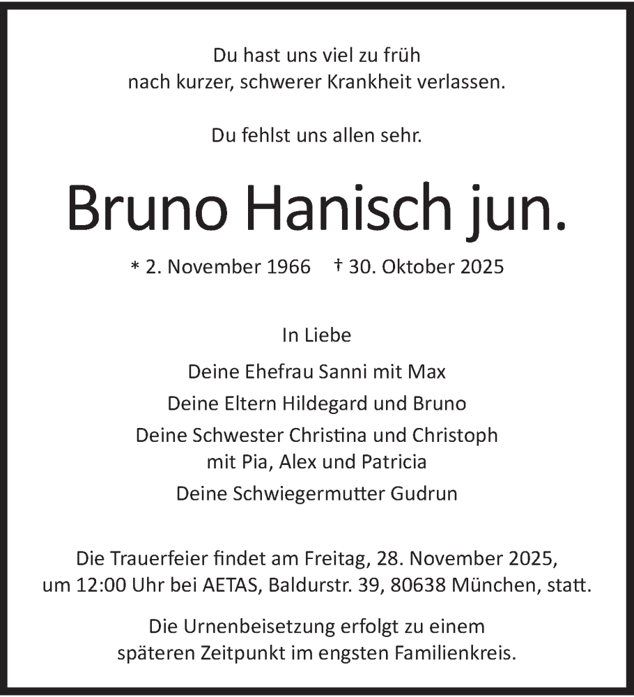  Traueranzeige für Bruno Hanisch vom 08.11.2025 aus merkurtz