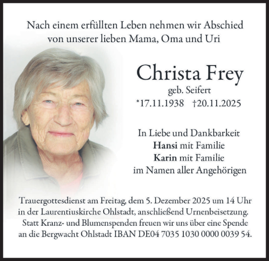 Traueranzeige von Christa Frey von merkurtz