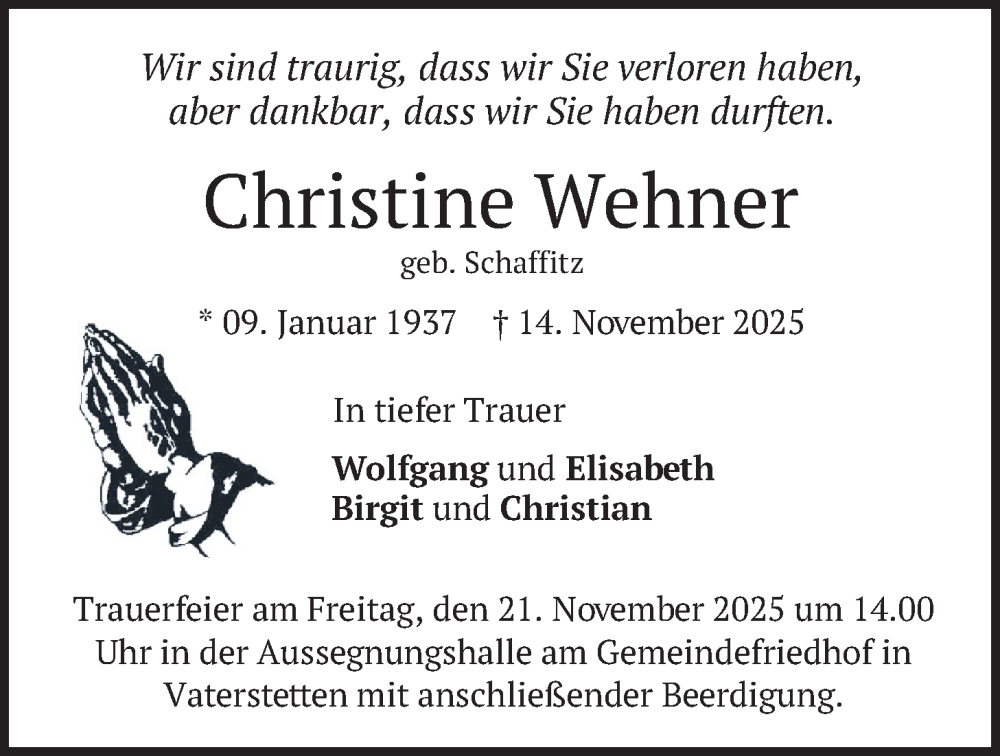  Traueranzeige für Christine Wehner vom 19.11.2025 aus merkurtz