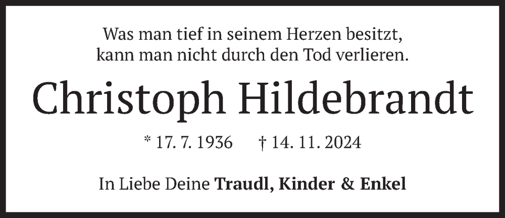  Traueranzeige für Christoph Hildebrandt vom 15.11.2025 aus merkurtz
