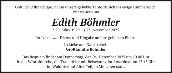 Traueranzeige von Edith Böhmler von merkurtz
