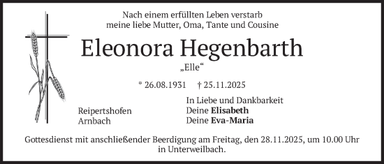 Traueranzeige von Eleonora Hegenbarth von merkurtz