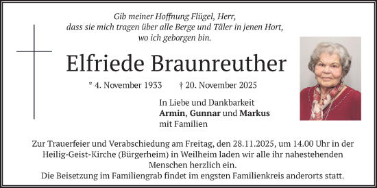 Traueranzeige von Elfriede Braunreuther von merkurtz
