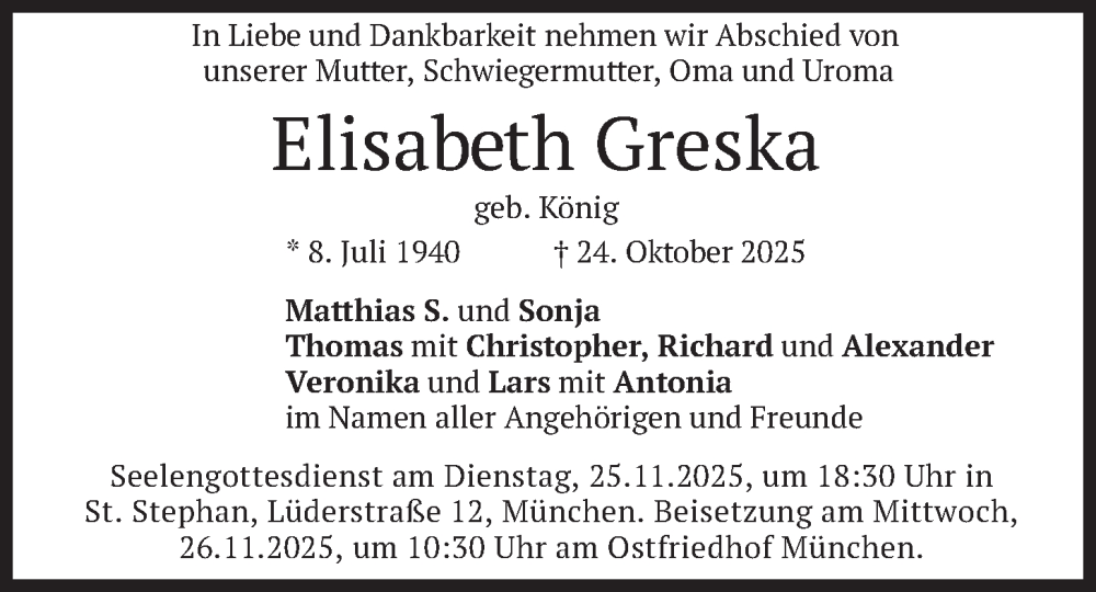  Traueranzeige für Elisabeth Greska vom 15.11.2025 aus merkurtz