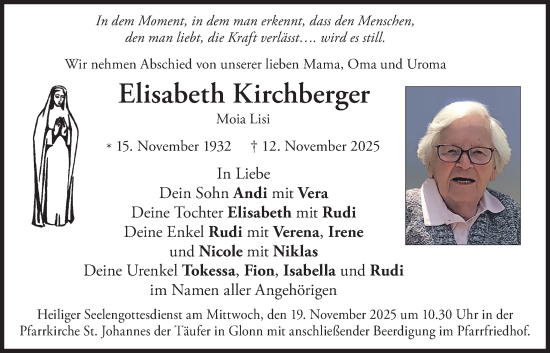 Traueranzeige von Elisabeth Kirchberger von merkurtz