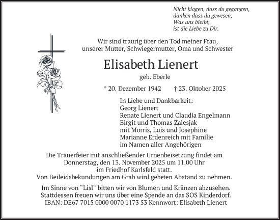 Traueranzeige von Elisabeth Lienert von merkurtz