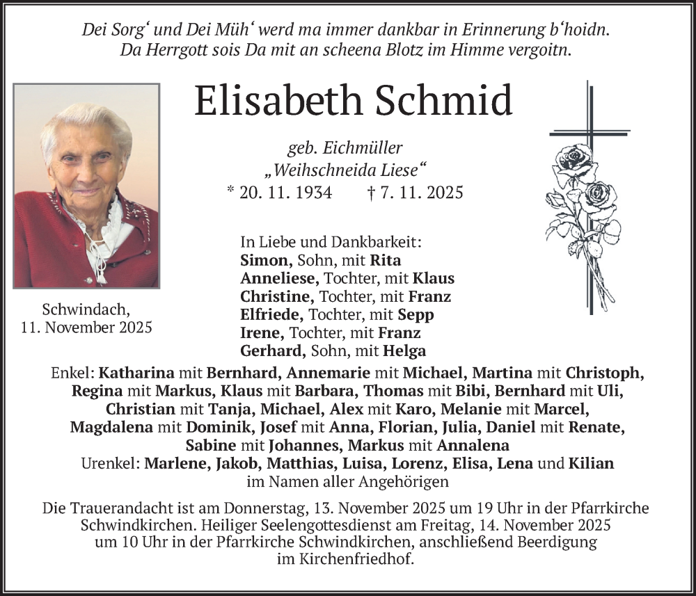  Traueranzeige für Elisabeth Schmid vom 11.11.2025 aus merkurtz