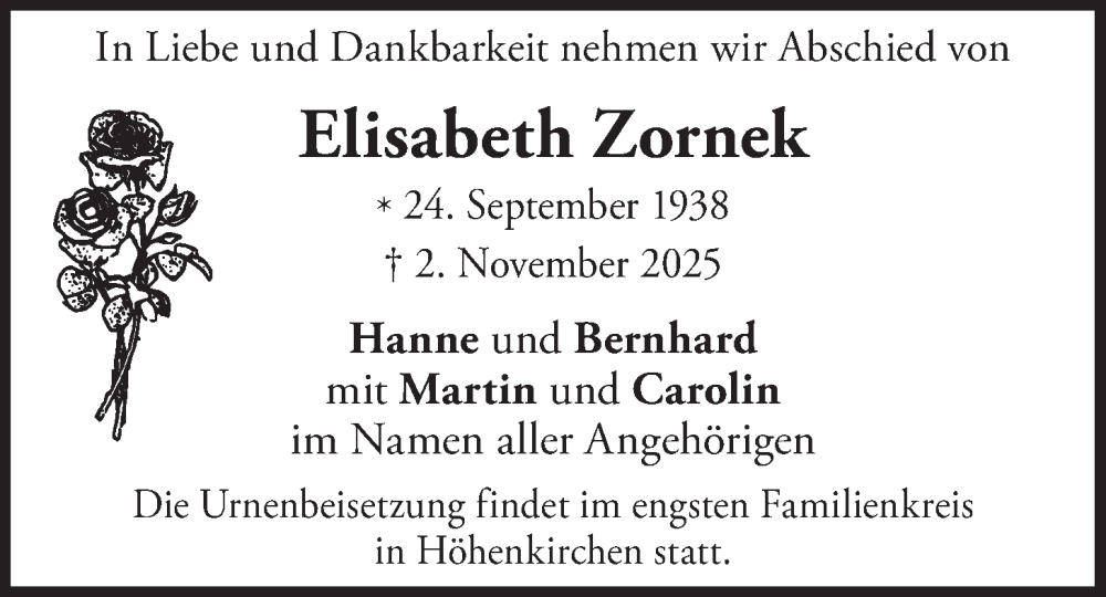  Traueranzeige für Elisabeth Zornek vom 15.11.2025 aus merkurtz