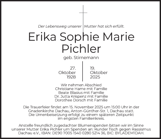 Traueranzeige von Erika Sophie Marie Pichler von merkurtz