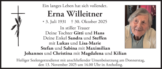 Traueranzeige von Erna Willeitner von merkurtz