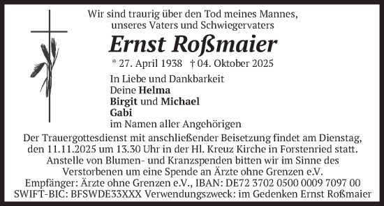 Traueranzeige von Ernst Roßmaier von merkurtz
