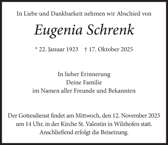 Traueranzeige von Eugenia Schrenk von merkurtz