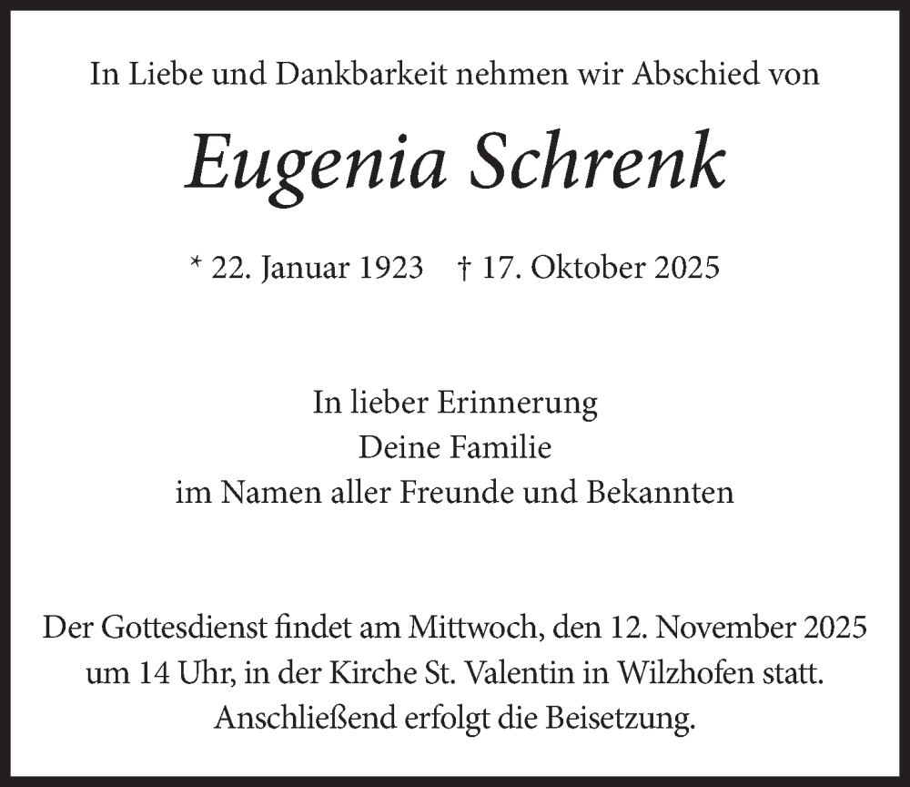  Traueranzeige für Eugenia Schrenk vom 08.11.2025 aus merkurtz