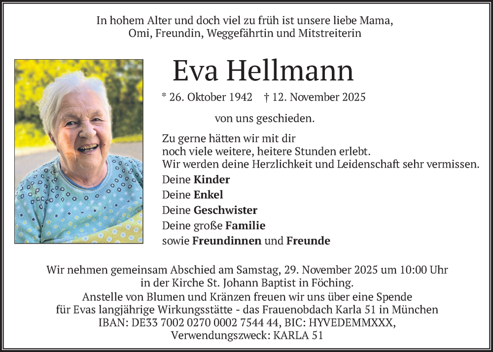  Traueranzeige für Eva Hellmann vom 22.11.2025 aus merkurtz