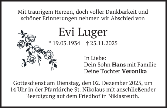 Traueranzeige von Evi Luger von merkurtz