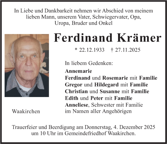 Traueranzeige von Ferdinand Krämer von merkurtz