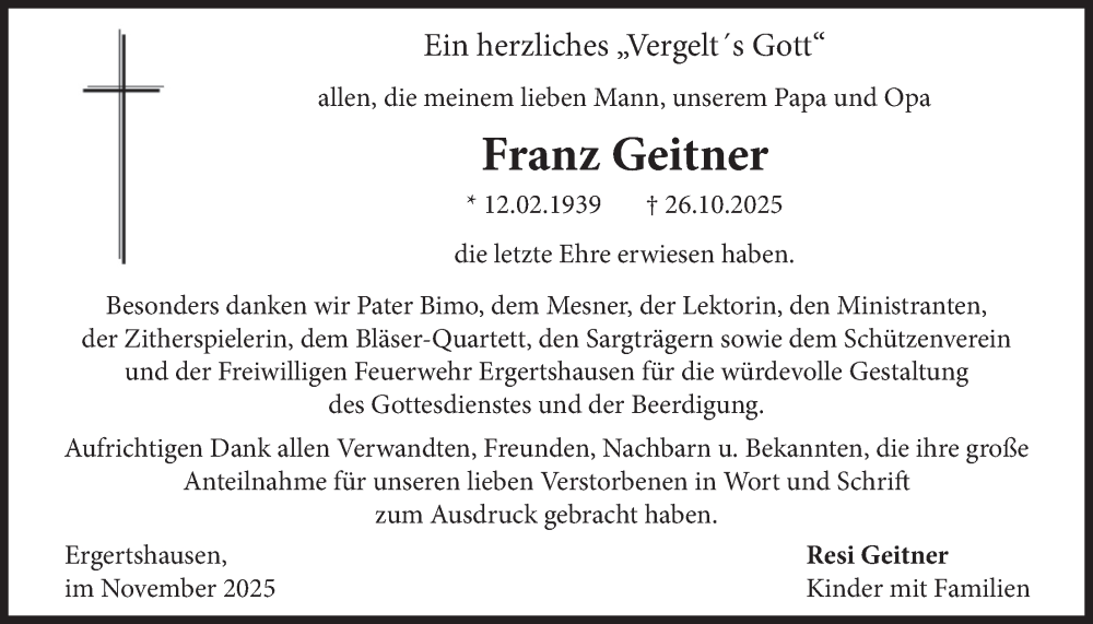  Traueranzeige für Franz Geitner vom 08.11.2025 aus merkurtz