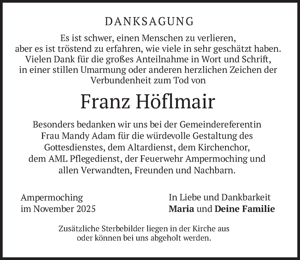 Traueranzeige für Franz Höflmair vom 29.11.2025 aus merkurtz