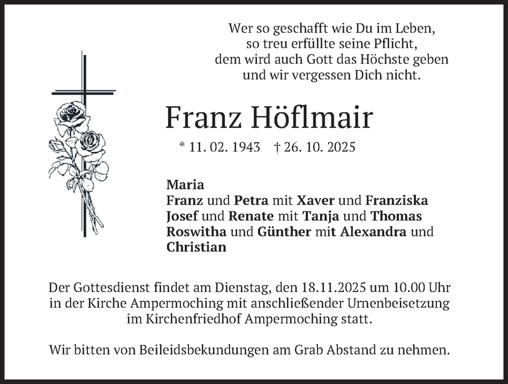  Traueranzeige für Franz Höflmair vom 15.11.2025 aus merkurtz