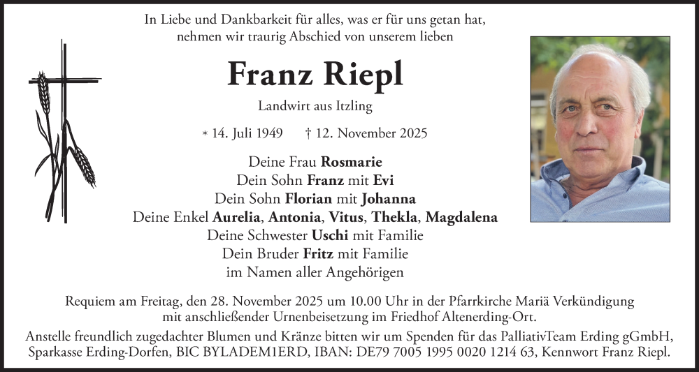  Traueranzeige für Franz Riepl vom 22.11.2025 aus merkurtz