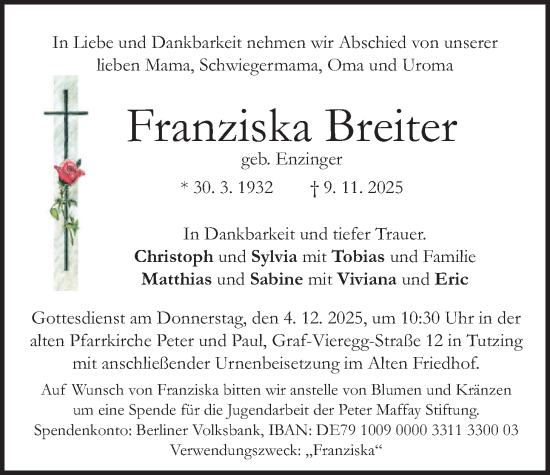 Traueranzeige von Franziska Breiter von merkurtz