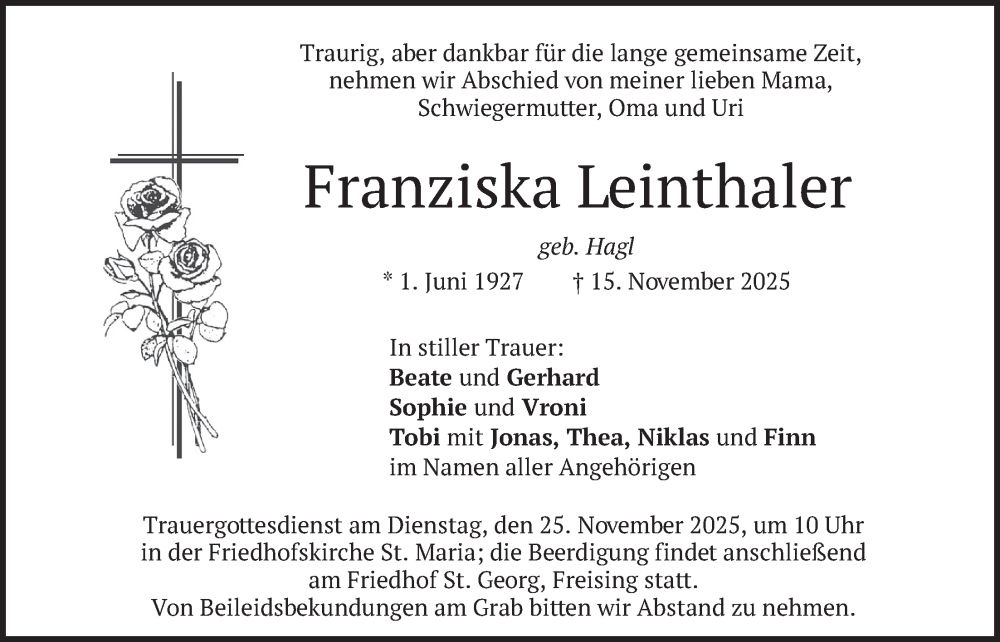  Traueranzeige für Franziska Leinthaler vom 22.11.2025 aus merkurtz