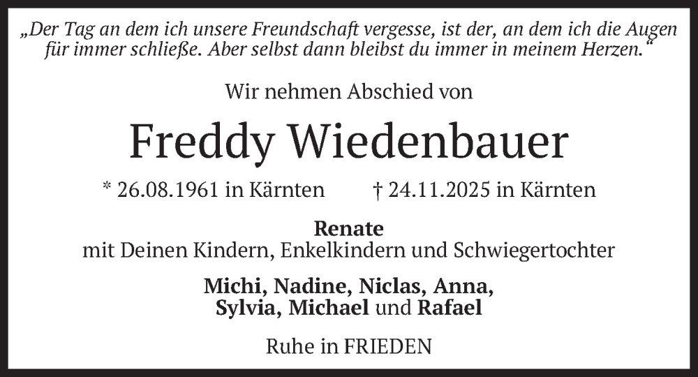 Traueranzeige für Freddy Wiedenbauer vom 29.11.2025 aus merkurtz