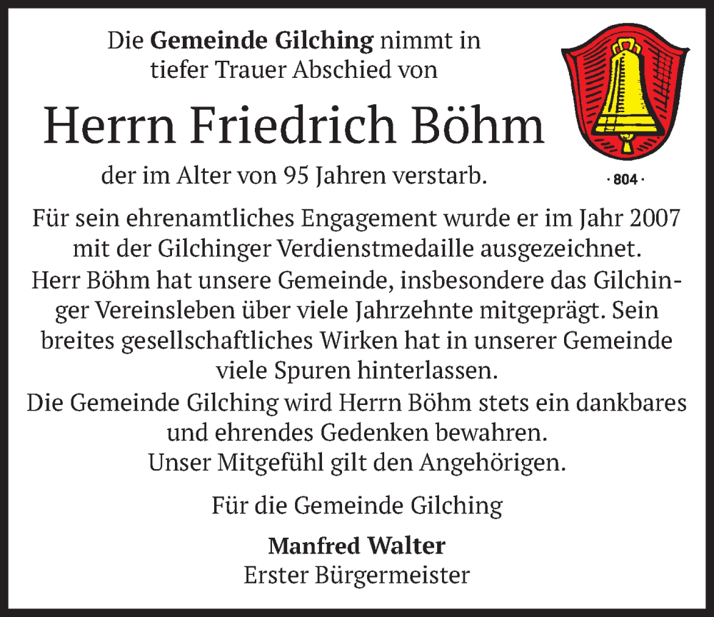  Traueranzeige für Friedrich Böhm vom 29.11.2025 aus merkurtz