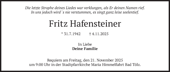 Traueranzeige von Fritz Hafensteiner von merkurtz