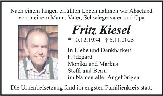 Traueranzeige von Fritz Kiesel von merkurtz