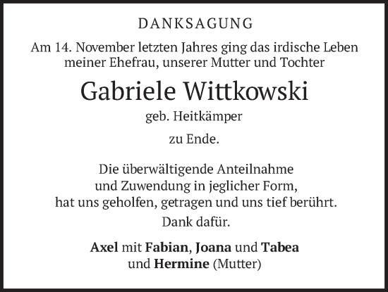 Traueranzeige von Gabriele Wittkowski von merkurtz
