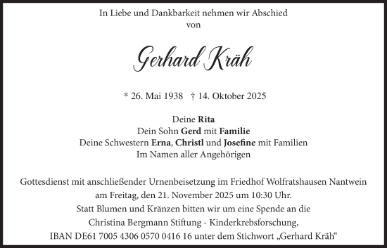 Traueranzeige von Gerhard Kräh von merkurtz