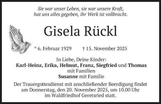 Traueranzeige von Gisela Rückl von merkurtz