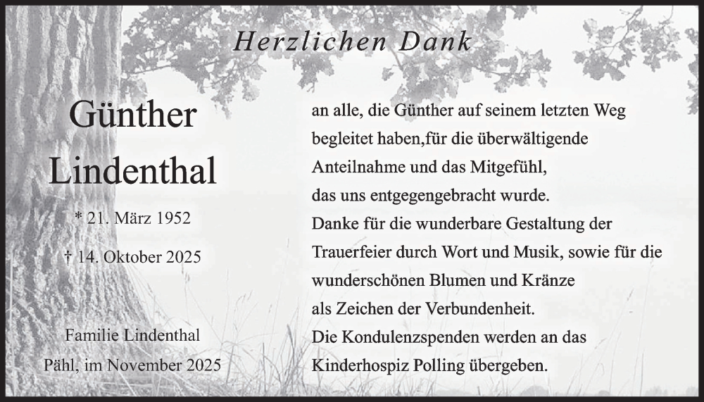  Traueranzeige für Günther Lindenthal vom 22.11.2025 aus merkurtz