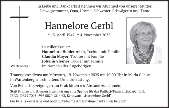Traueranzeige von Hannelore Gerbl von merkurtz