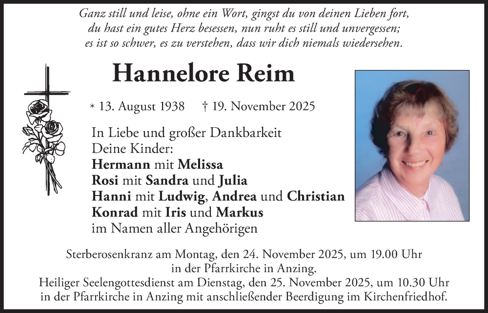  Traueranzeige für Hannelore Reim vom 22.11.2025 aus merkurtz