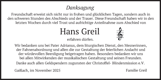 Traueranzeige von Hans Greil von merkurtz