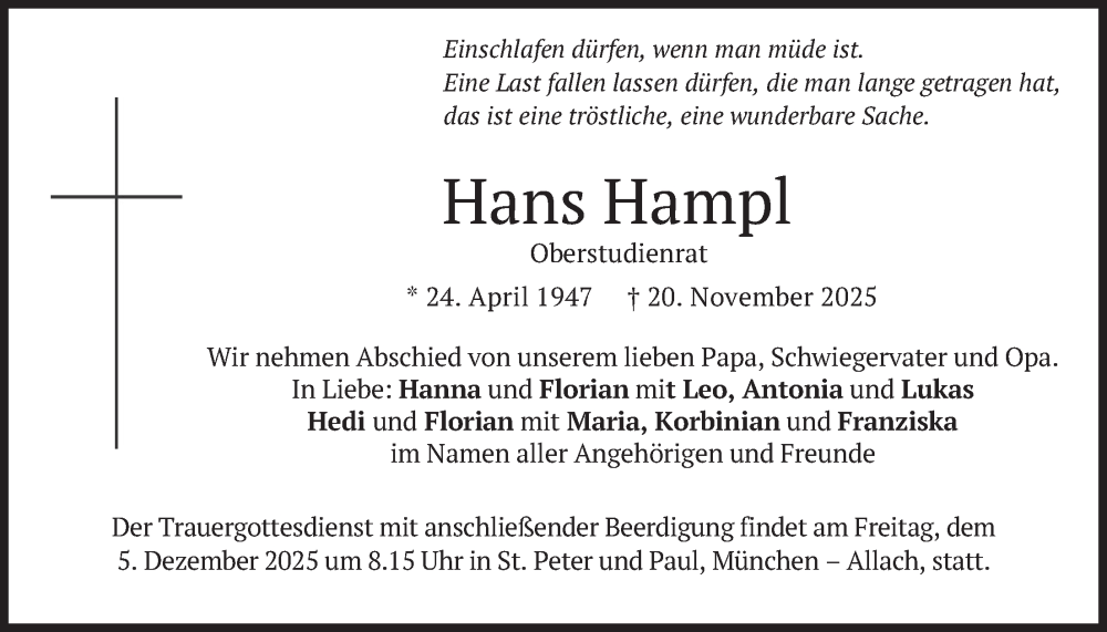  Traueranzeige für Hans Hampl vom 29.11.2025 aus merkurtz