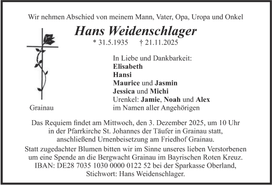 Traueranzeige von Hans Weidenschlager von merkurtz