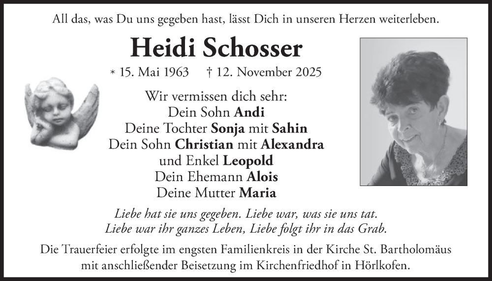  Traueranzeige für Heidi Schosser vom 22.11.2025 aus merkurtz