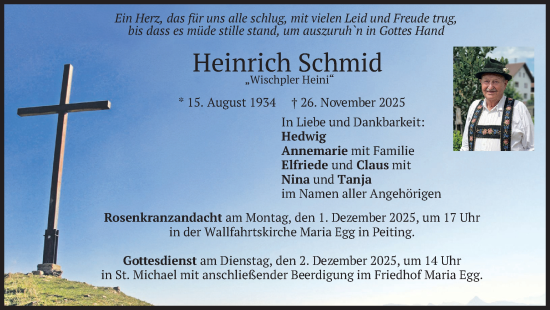 Traueranzeige von Heinrich Schmid von merkurtz
