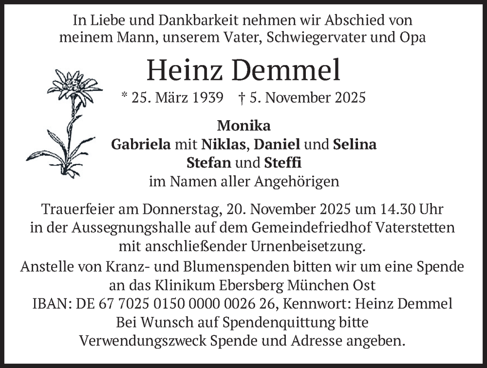  Traueranzeige für Heinz Demmel vom 15.11.2025 aus merkurtz