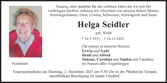 Traueranzeige von Helga Seidler von merkurtz